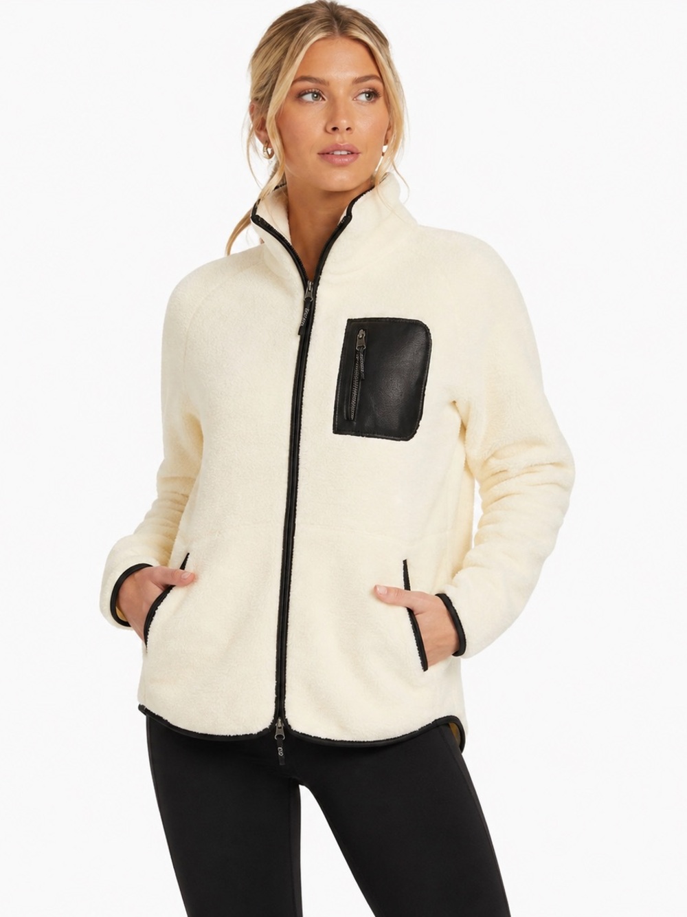 SPANX Frosted Ivory Fleece Full Zip Jacket Black Trim Size S NWT $198